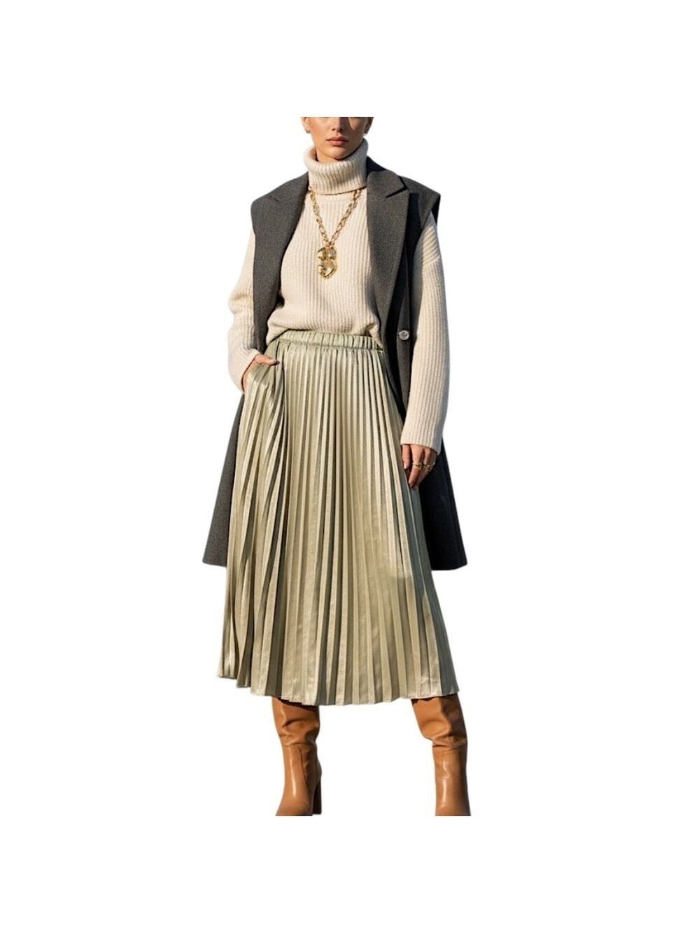 NWT DKNY pale moss green crushed pleated old money satin pull on midi skirt XXS